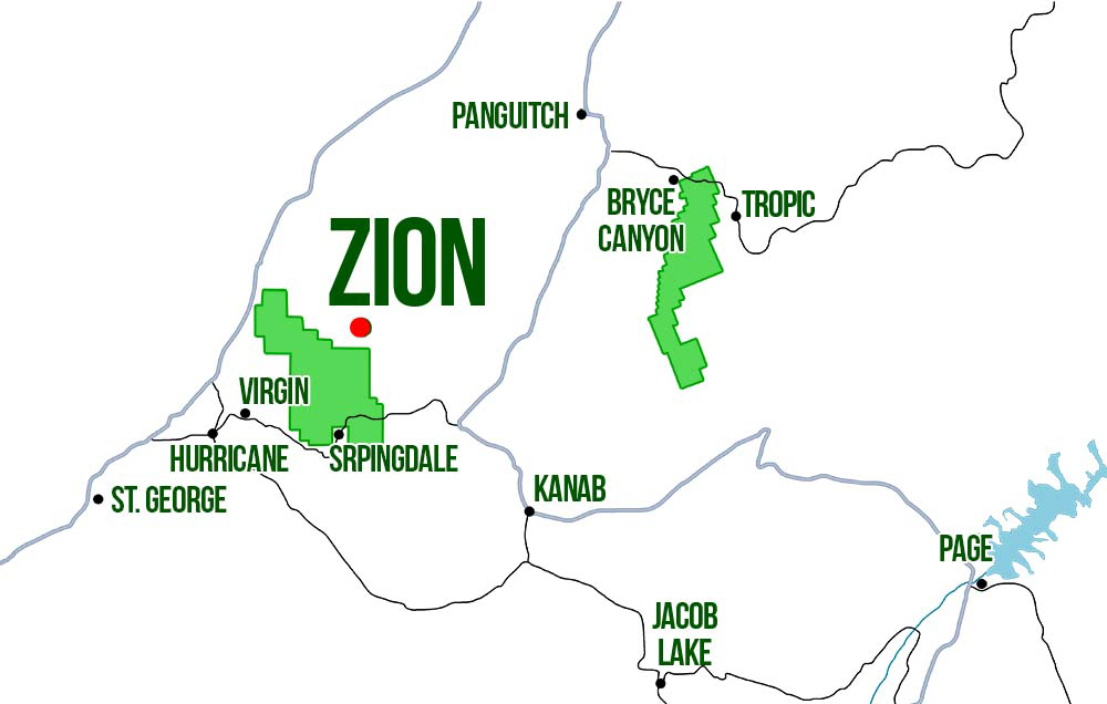 Mapa localización dónde dormir en ZION