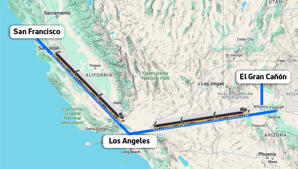 Mapa Triángulo del Oeste americano viajar en tren