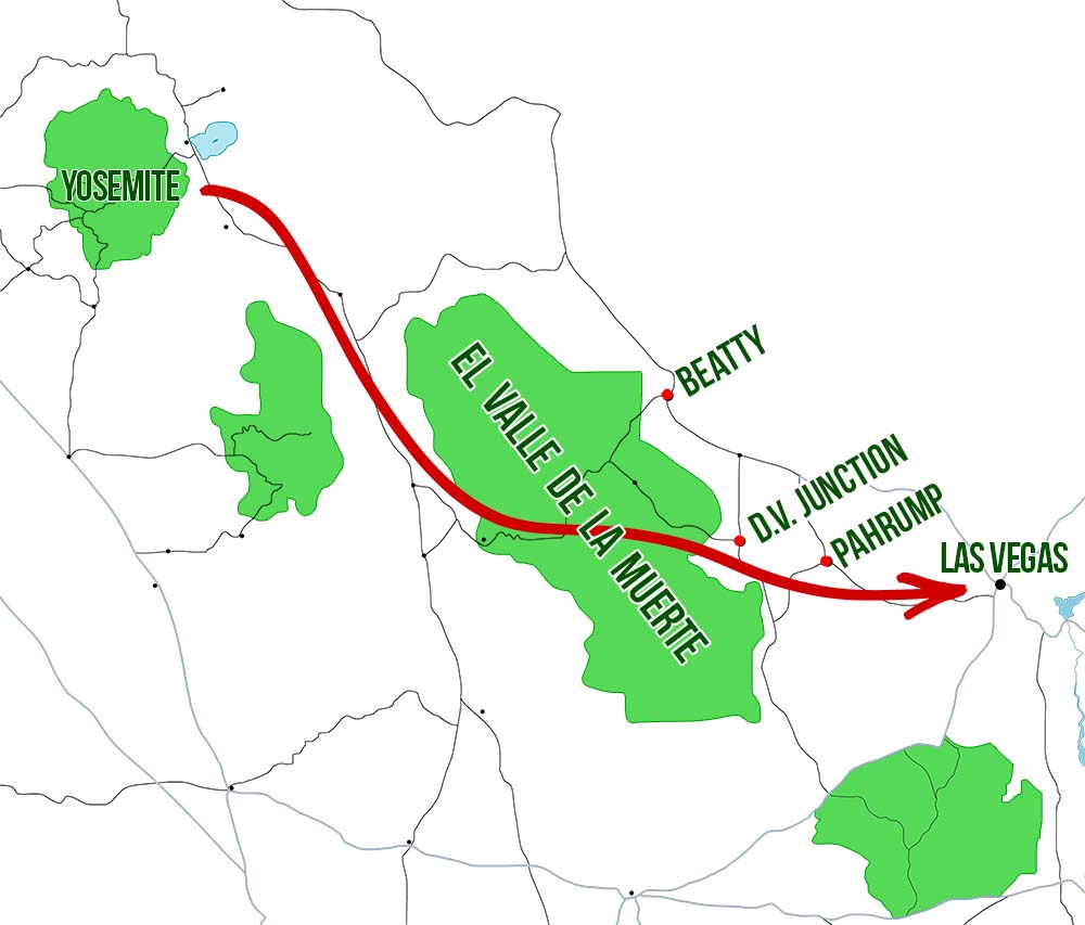 Mapa pueblos dónde dormir en el Valle de la Muerte de camino a Las Vegas pasando el parque