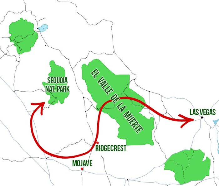 Mapa dónde dormir en el Valle de la Muerte viajando hacia o desde Sequoia Nat Park