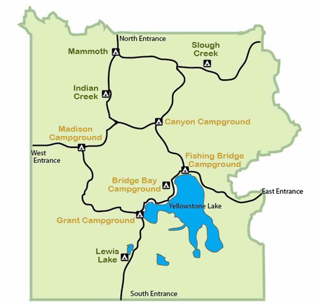 Mapa Acampar en yellowstone