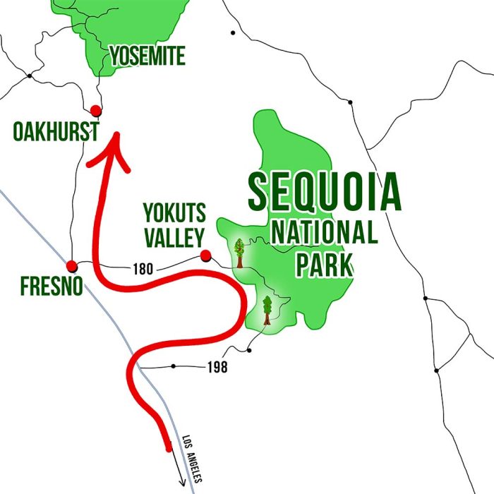 Mapa Donde dormir en Sequoia National Park saliendo por el norte
