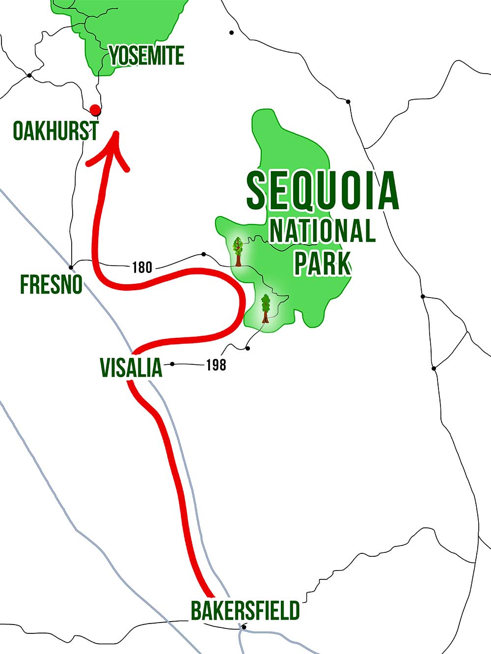 Mapa Donde dormir en Sequoia National Park saliendo por el norte y llegando al parque desde Bakersfield
