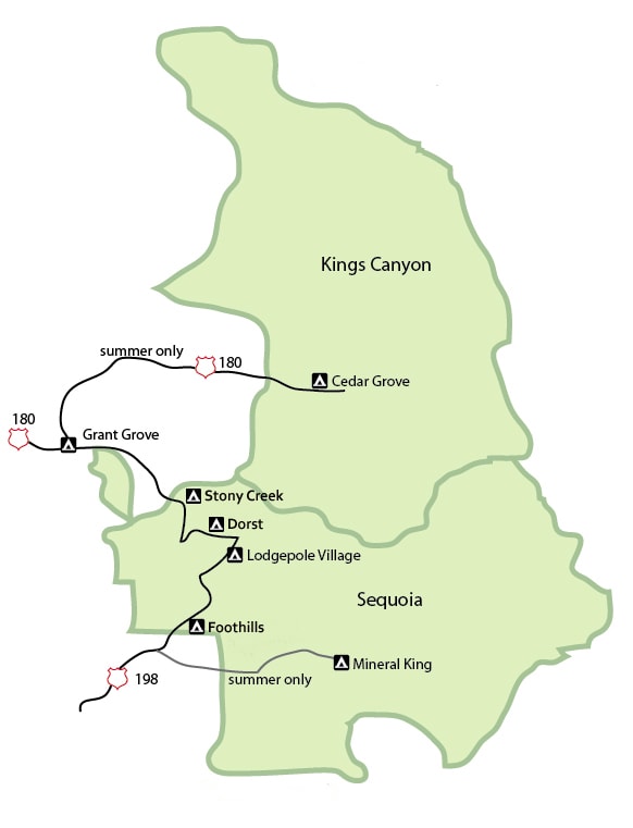 Mapa campings donde dormir en Sequoia National Park