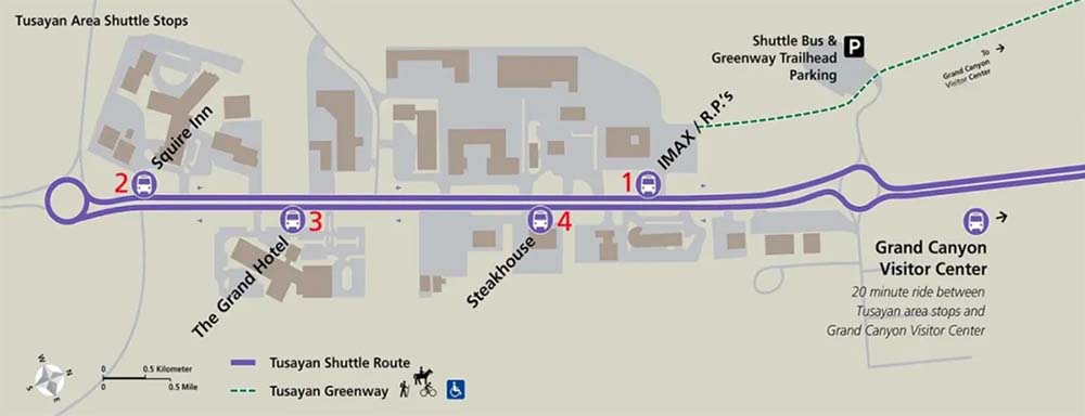 Mapa línea morada de shuttle bus de Tusayan al Grand Canyon Village