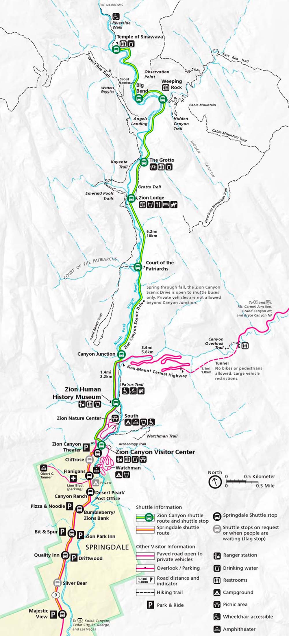 Mapa del parque nacional Zion con líneas de autobús shuttle bus