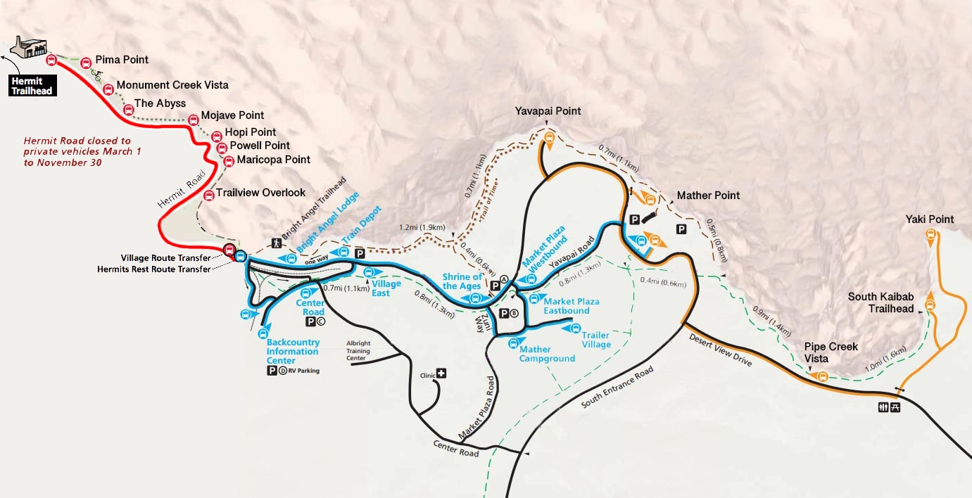 Líneas de autobús en el parque nacional Gran Cañón