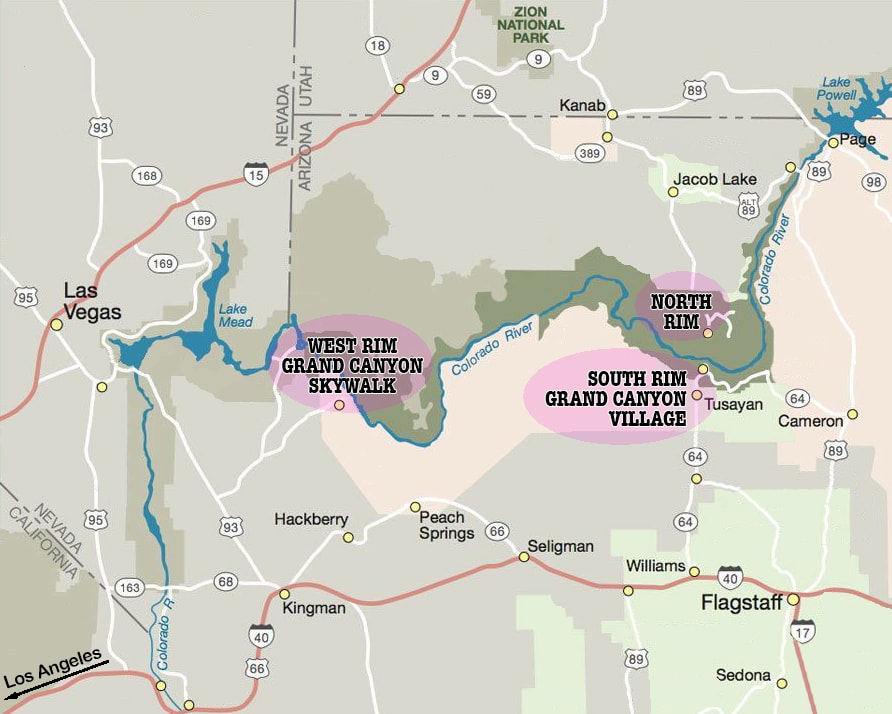 Mapa con las tres partes del Gran Cañón del Colorado que se pueden visitar en Arizona