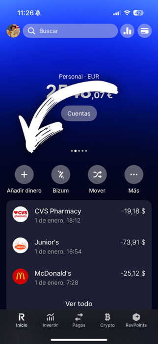 Captura de pantalla aplicación Revolut cómo añadir dinero a tu cuenta