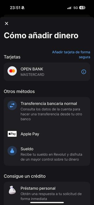 Captura de pantalla aplicación Revolut cómo añadir dinero a tu cuenta