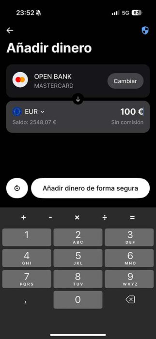 Captura de pantalla aplicación Revolut cómo añadir dinero a tu cuenta