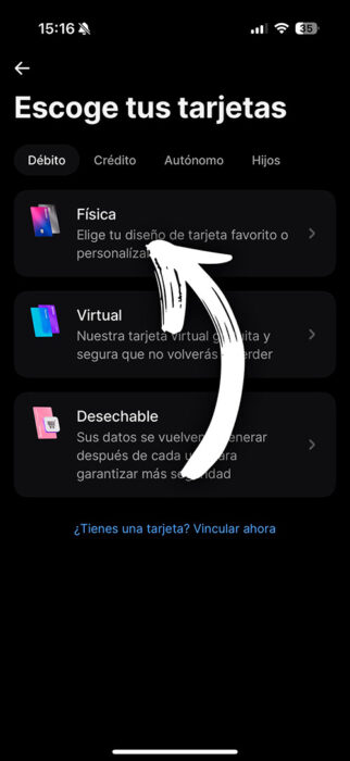 Captura de pantalla aplicación Revolut para pedir tarjeta física Revolut para viajar