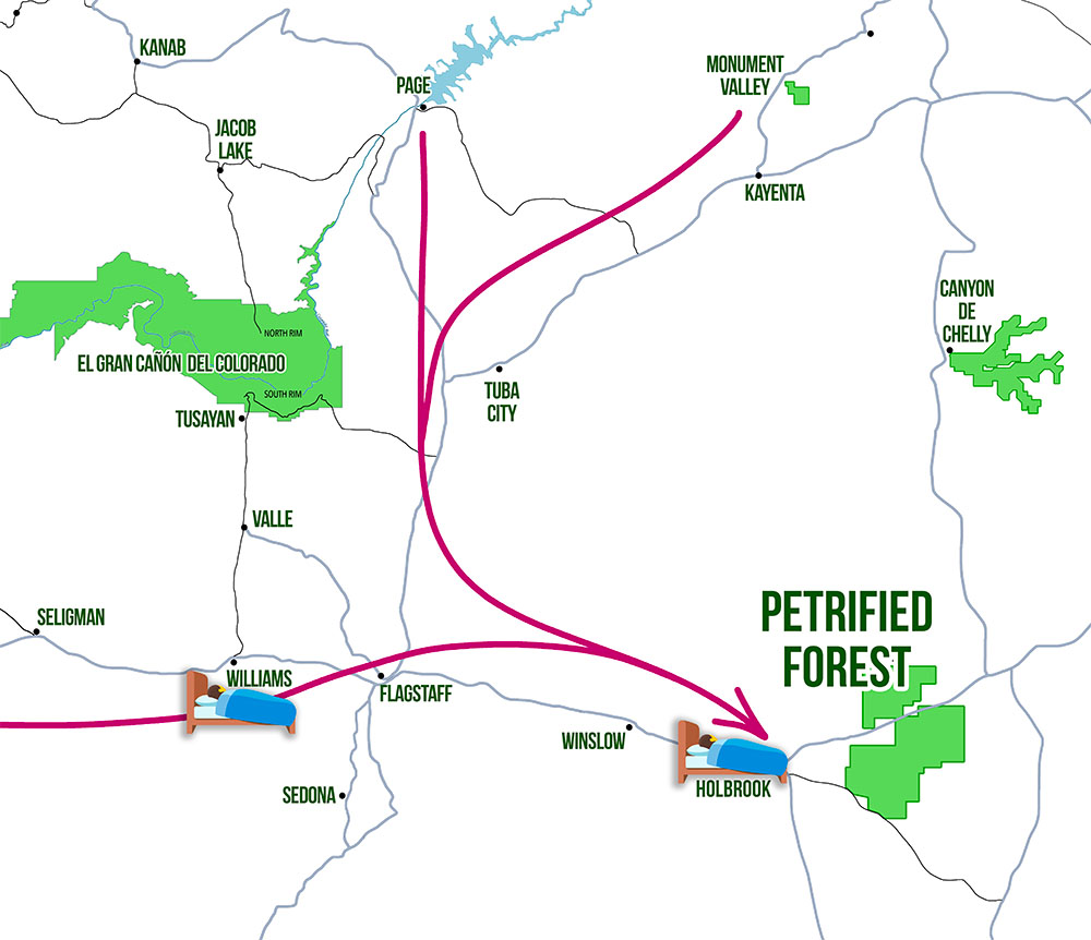 Mapa dónde dormir para visitar Petrified Forest