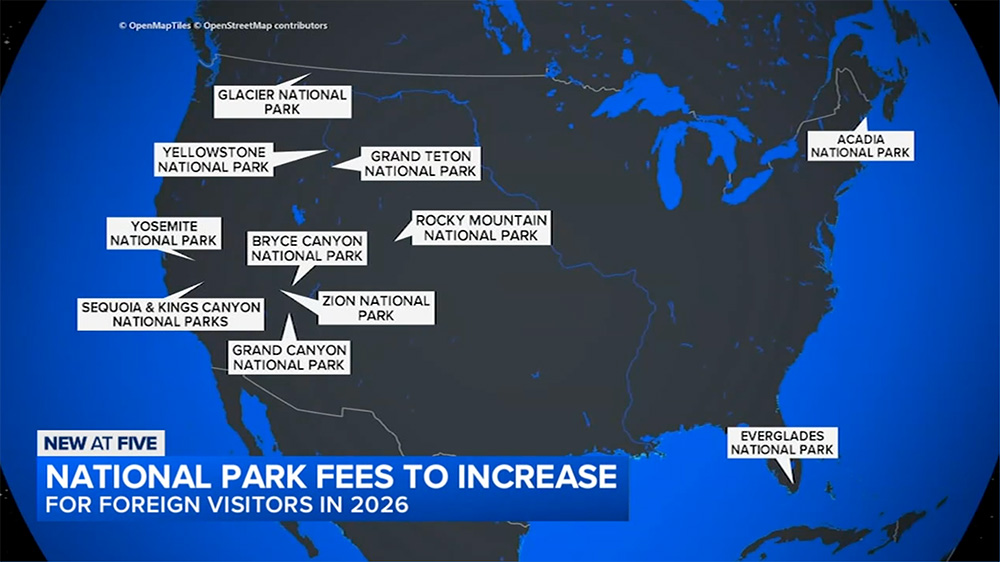 Mapa con los parques nacionales afectados con el recargo de 100$ para viajeros extranjeros no residentes en Estados Unidos